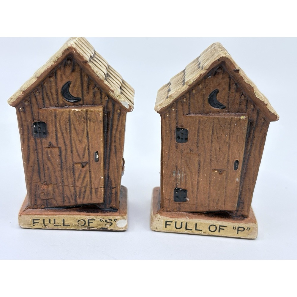 Ceramic Outhouse Salt Pepper Shakers Set "Full of S" & "Full of P"Vintage Japan